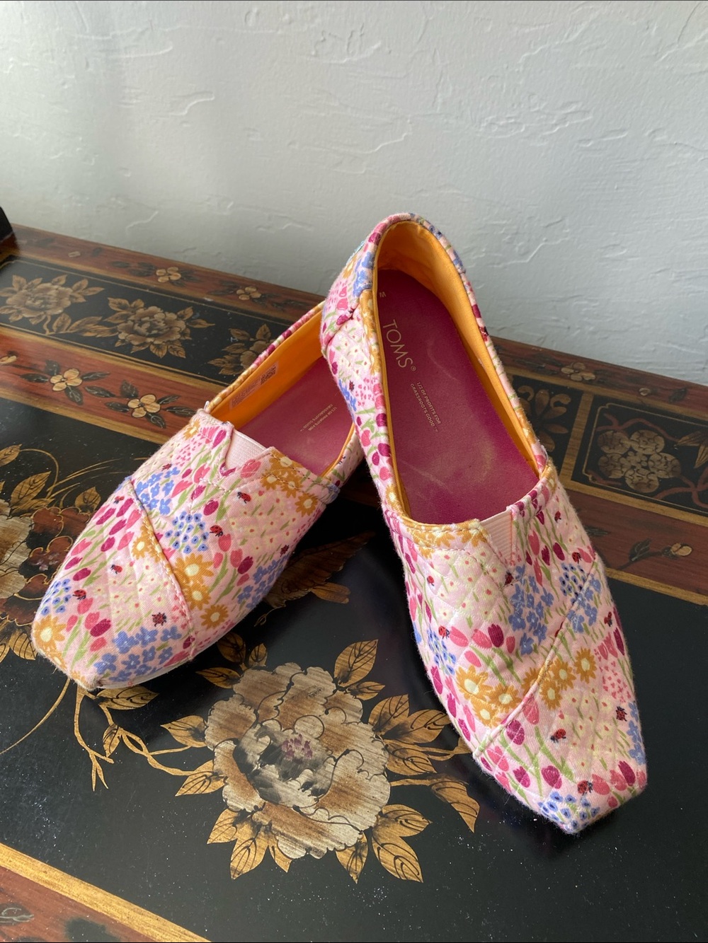 TOMS Floral Quilted Slip-Ons in Pink and Yellow